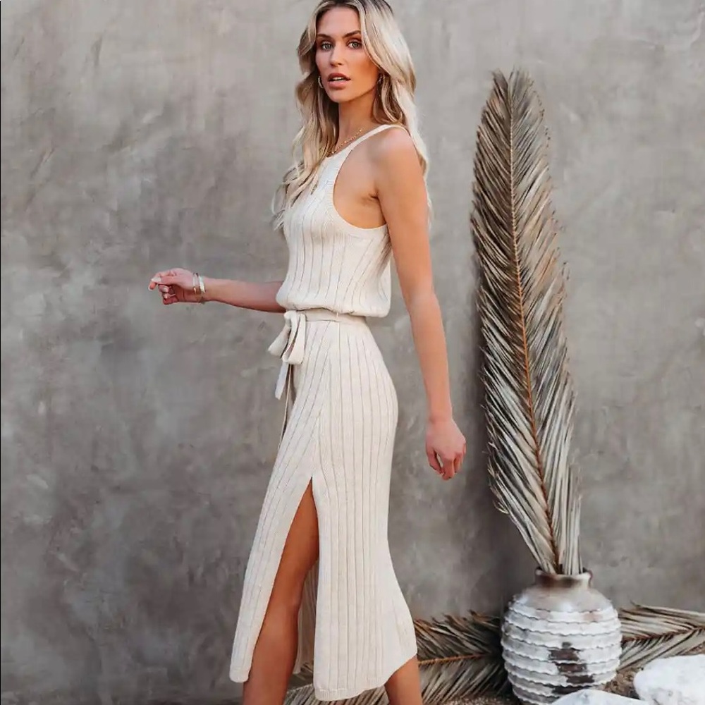 VICI Jane Ribbed Knit MIDI Dress - Cream